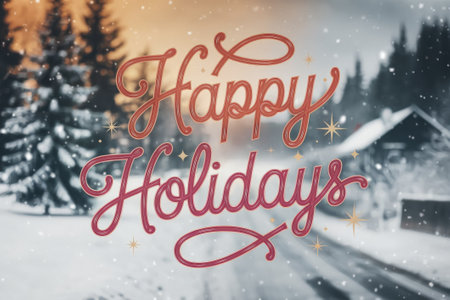 Winter greeting card with happy holidays message over a snowy winter landscape with fir trees and a wooden houseの素材