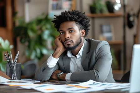 Young businessman is bored at his desk, resting his chin in his hand, surrounded by paperworkの素材