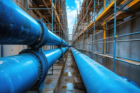 Large blue water pipes are installed in an industrial building under construction, running between scaffoldingの素材