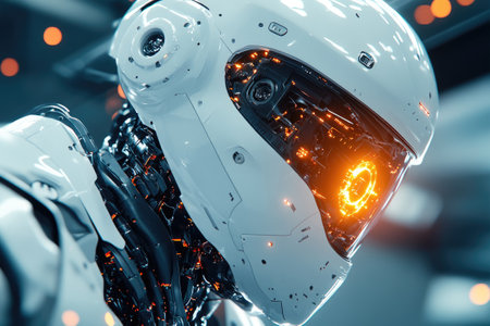 White robot showing holographic interface, futuristic laboratory backgroundの素材