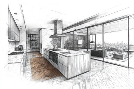 Hand-drawn sketch of a luxurious open plan kitchen and living room in a modern apartment, featuring a city viewの素材