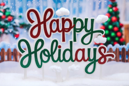 Red and green happy holidays sign with miniature Christmas tree and falling snow evokes a festive atmosphereの素材