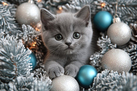 Adorable gray kitten playing with Christmas decorations on snowy fir tree branches, creating a heartwarming holiday sceneの素材