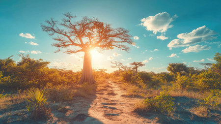 Majestic baobab tree silhouetted against setting sun in African savannah, creating serene and awe-inspiring landscapeの素材