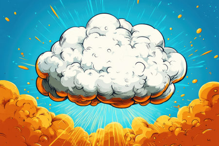 Explosions creating a large white cloud in a vibrant blue sky, with orange clouds below, evoking a dramatic and intense atmosphereの素材