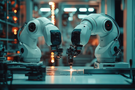 Two robotic arms operating a laser welding machine on a metal plate in a modern factoryの素材