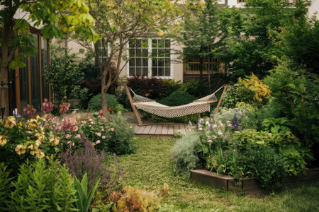 Empty hammock invitingly swings between wooden supports in a vibrant, tranquil garden full of colorful flowers and lush greeneryの素材