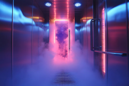 Cryotherapy chamber is filled with cold vapor, creating a futuristic and therapeutic atmosphere in a modern wellness clinicの素材