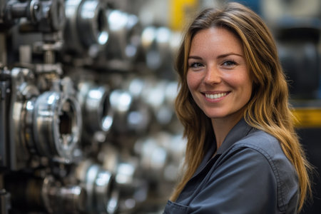 Portrait of a happy female engineer smiling in a modern industrial factoryの素材