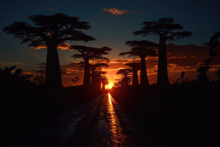 Majestic baobab trees lining a road in Madagascar at sunset, creating a dramatic silhouette against the vibrant skyの素材