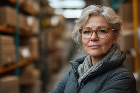 Portrait of a confident senior female manager posing with crossed arms in a warehouse, showcasing leadership and expertise in logisticsの素材