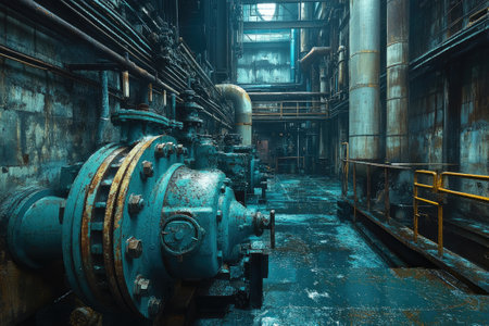 Corroded pumps and pipes dominating an abandoned industrial facility, showcasing decay and the passage of timeの素材