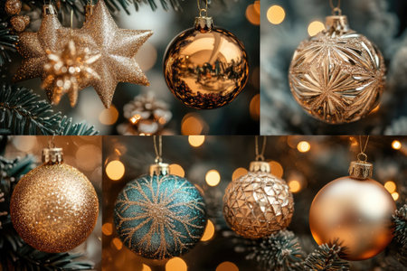 Beautiful Christmas ornaments hanging on a Christmas tree, creating a festive atmosphereの素材