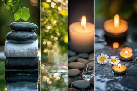 Relaxing spa collage showing stacked stones, folded towels, flowing water, burning candles, and chamomile flowersの素材