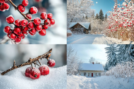 Four captivating winter scenes combined in a collage, featuring snow-covered landscapes, vibrant red berries, and charming cottages, evoking a sense of tranquility and holiday spiritの素材