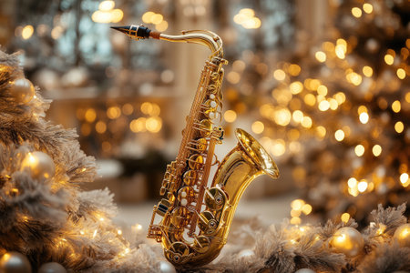 A golden saxophone placed in front of a decorated Christmas tree with golden bokeh lights creates a festive holiday atmosphereの素材