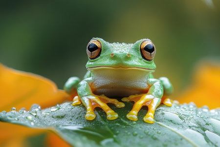 Close-up of a wallace's flying frog resting on a wet leaf in its natural rainforest habitatの素材