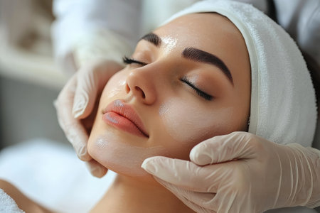 Beautician applying a revitalizing face mask to a young woman, providing a luxurious skincare treatment in a professional spa settingの素材