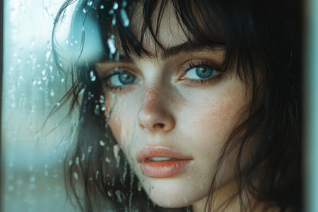 Close-up portrait of a beautiful young woman with freckles and wet hair posing behind a rainy windowの素材