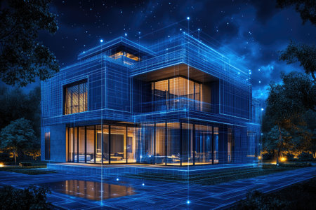 Futuristic smart home showing automation system controlling lights, heating, and security at nightの素材