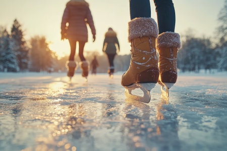 People enjoying ice skating on a frozen lake at sunset, winter sports and leisure activityの素材