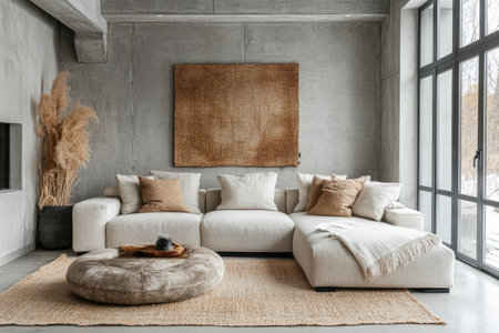 Stylish living room showcasing contemporary interior design with a beige sofa, pampas grass, and a concrete wall, creating a cozy and minimalist atmosphereの素材