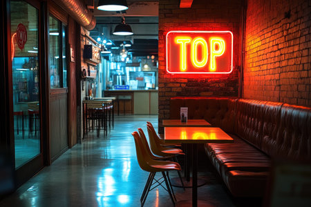Vibrant neon sign adds a retro touch to the modern interior of an empty restaurant, highlighting the stylish seating arrangementの素材