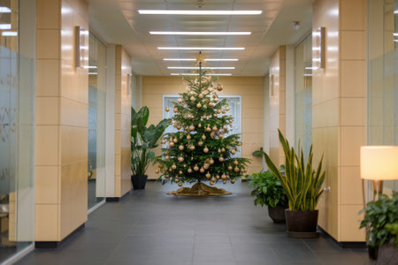 Christmas tree decorated with golden baubles bringing festive cheer to a modern office hallwayの素材