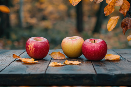 Three ripe apples and fallen leaves sit on a wooden table in a forest during autumn, creating a rustic seasonal sceneの素材