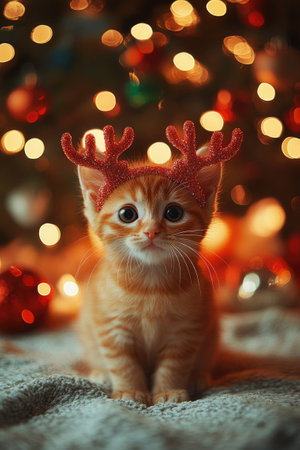 Adorable ginger kitten wearing funny christmas reindeer antlers is posing on a blanket with christmas tree lights in the backgroundの素材