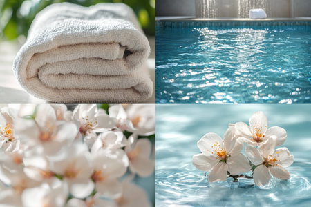 Collage promoting wellness and spa treatments featuring a folded towel, a swimming pool, and cherry blossomsの素材