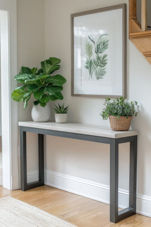 Stylish console table enhancing a modern home entryway with decorative plants and artwork, creating a welcoming atmosphereの素材