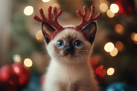 Adorable kitten wearing red reindeer antlers sits near a decorated Christmas tree with colorful bokeh lightsの素材