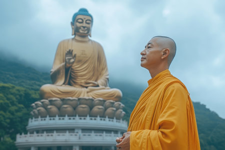 Monk wearing orange robe praying in front of giant golden buddha statueの素材