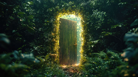 A wooden door in a magical forest opens to a bright light, symbolizing hope, opportunity, and new beginningsの素材