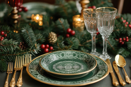 Elegant Christmas table setting with green and gold plates, crystal glasses, golden cutlery, and fir branches creating a warm, festive ambianceの素材