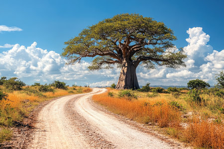 Scenic view of a winding dirt road leading towards a majestic baobab tree under a vibrant blue sky, showcasing the beauty of African savanna landscapeの素材