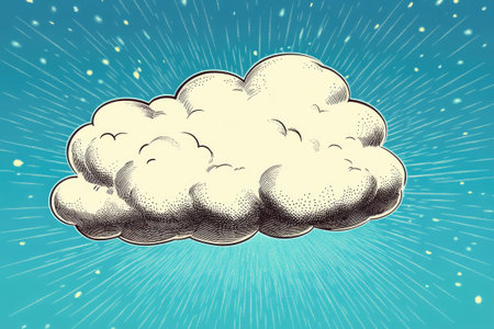 Hand-drawn cartoon cloud floating in a bright blue sky with stars, ideal for children's illustrations or fantasy projectsの素材