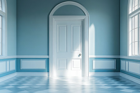 Sunlight illuminates a classic interior design with checkered floor, arched doorway, and white panels, creating a serene atmosphereの素材