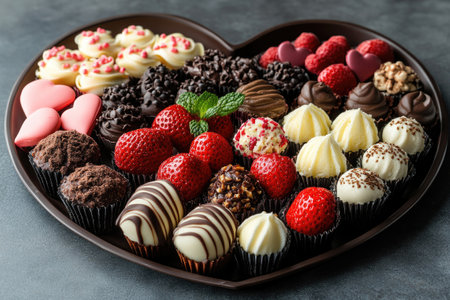 Delicious valentine's day charcuterie board featuring a variety of sweets and fruits arranged in a heart shapeの素材