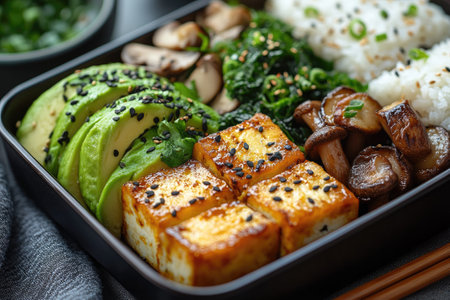 Healthy vegan bento box combining pan-fried tofu, sliced avocado, shiitake mushrooms, wakame seaweed salad and white riceの素材