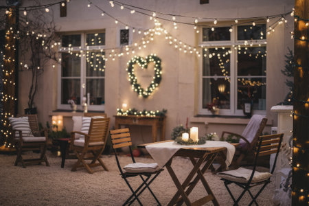 Romantic Christmas dinner table setting in a cozy outdoor patio decorated with string lights and a heart-shaped wreathの素材