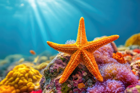 Sunbeams illuminating a vibrant underwater scene featuring orange starfish, colorful coral, and diverse marine lifeの素材