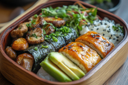 Wooden bento box filled with delicious sushi, roasted mushrooms, avocado slices and rice seasoned with black sesameの素材