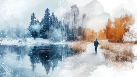 Man taking a walk between autumn and winter seasons, enjoying the change of natureの素材