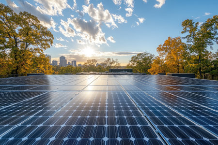 Solar panels generating clean energy on rooftop at sunset with city skylineの素材