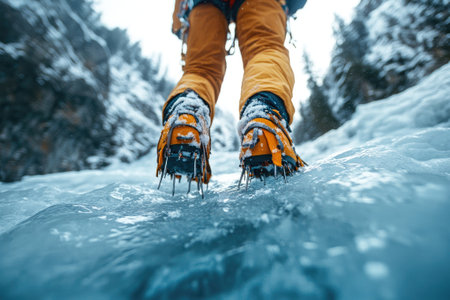Ice climber is walking on glacier wearing crampons in winter mountain landscapeの素材