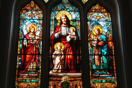 Beautiful stained glass window illuminating Jesus, saints, and children with vibrant colors, located within a churchの素材