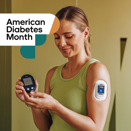 Young woman using glucose meter and continuous glucose monitoring system during American diabetes monthの素材