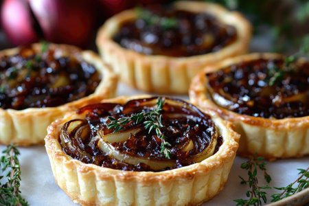 Freshly baked onion tartlets garnished with thyme sprigs, showcasing caramelized onions and flaky crustの素材